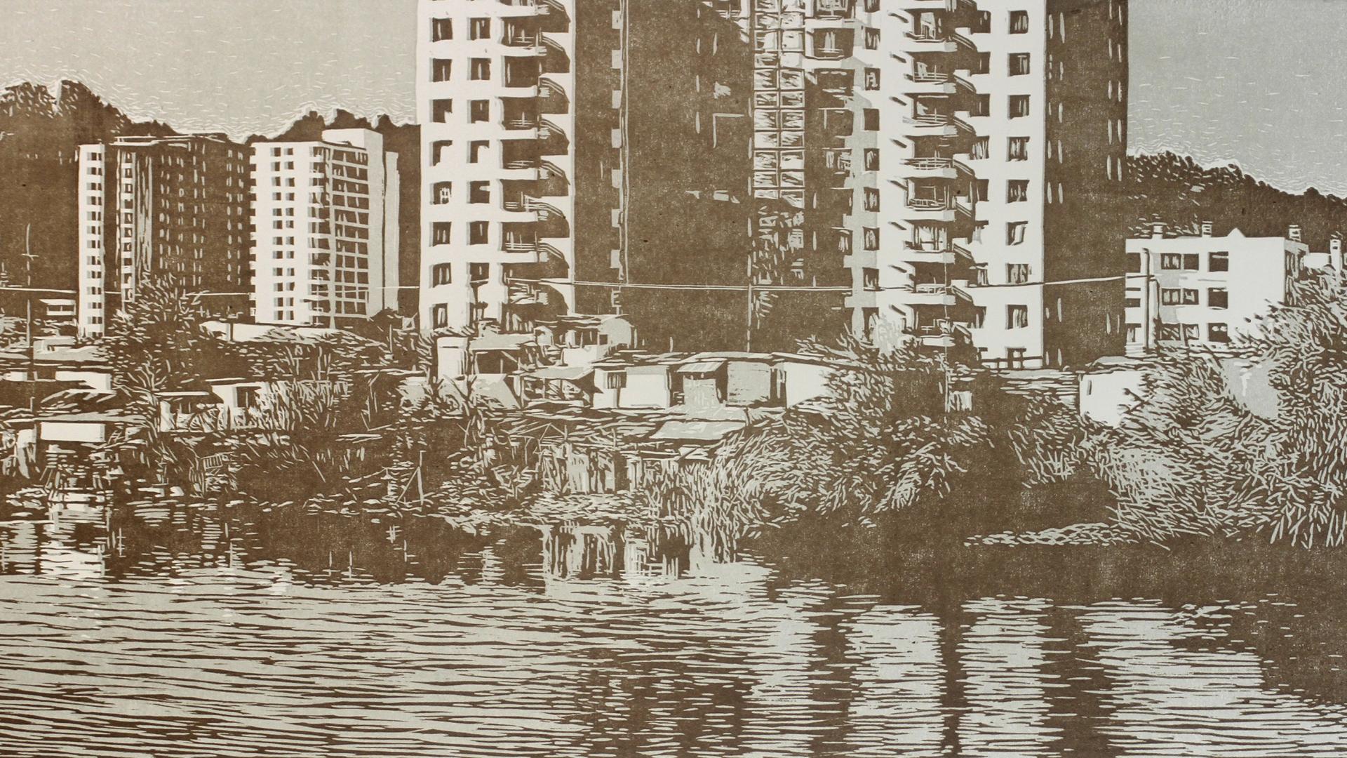 Grabado que representa la laguna Las Tres Pascualas con edificios 