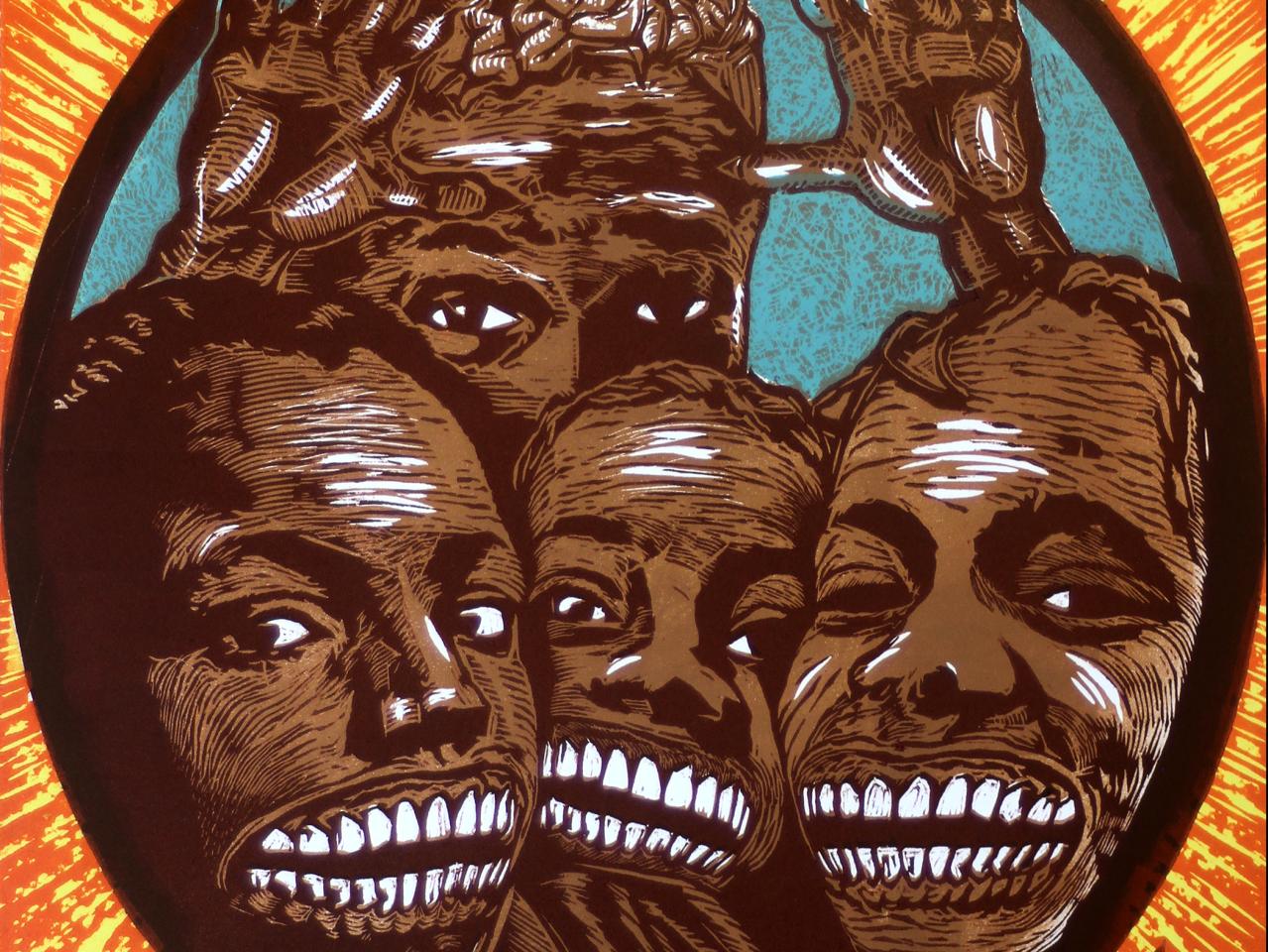 Grabado que representa los rostros de un grupo de jóvenes afrodescendientes