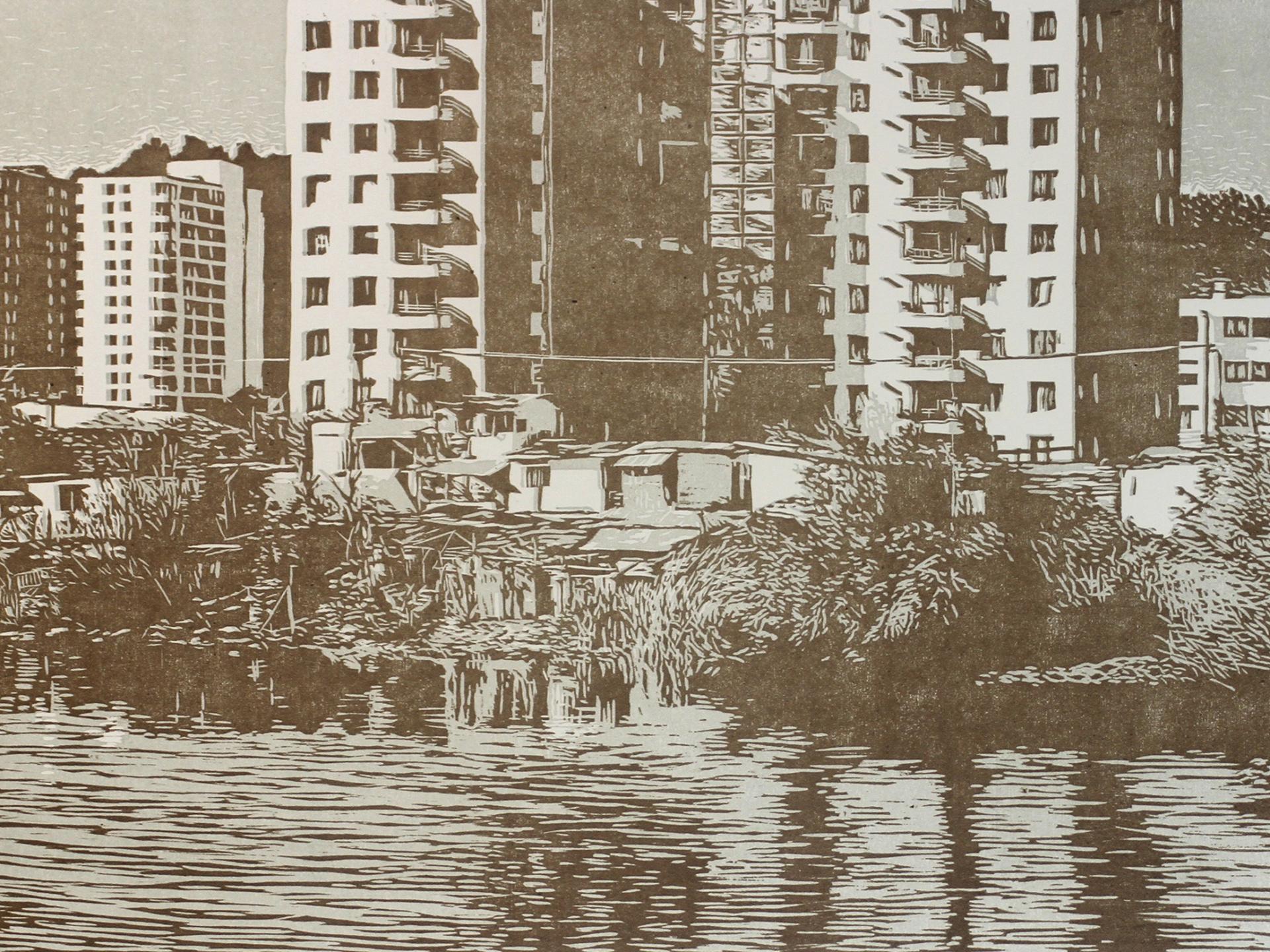 Grabado que representa la laguna Las Tres Pascualas con edificios 