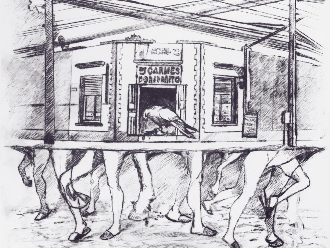 Grabado llamado "Agonía del barrio", que representa una carnicería que es devorada por un tiuque