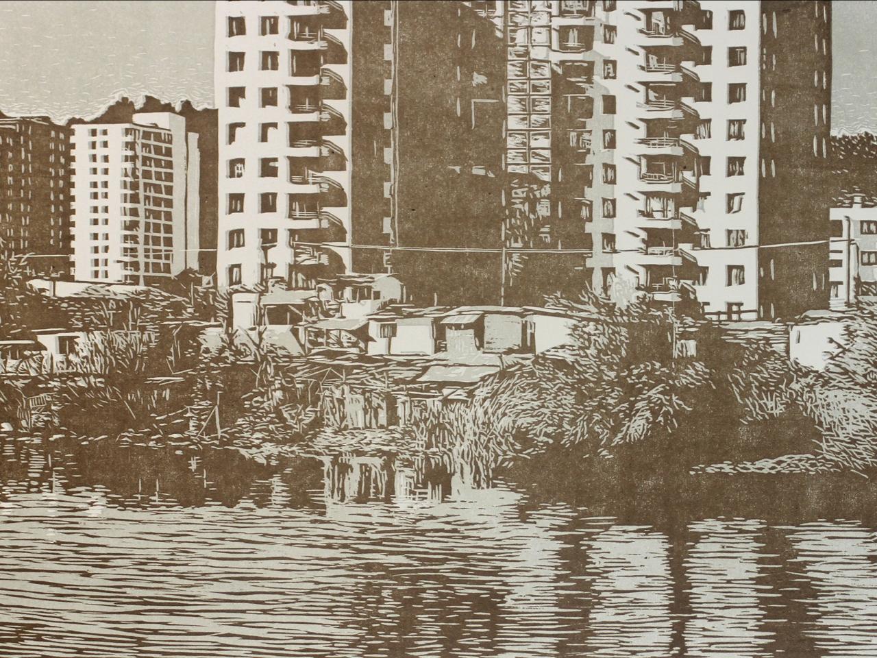 Grabado que representa edificios a la orilla de la Laguna Las Tres Pascualas