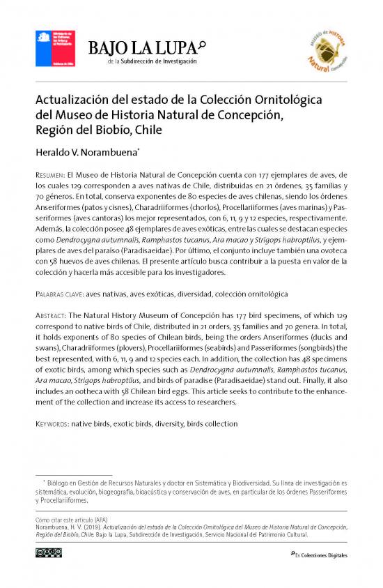 Actualización del estado de la Colección Ornitológica del Museo de Historia Natural de Concepción, Región del Biobío, Chile